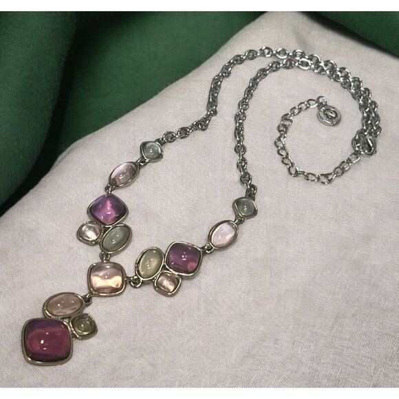 Napier Jewelry - NAPIER Purple Pastel GRIPOIX Resin Silver Tone Collar Statement Y Drop NECKLACE